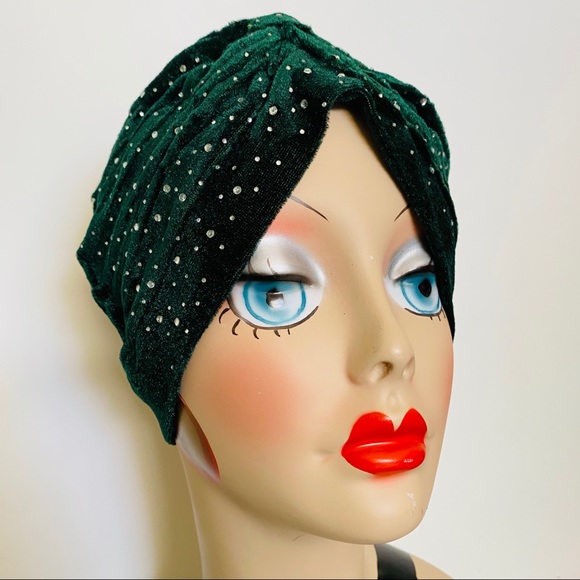 House Of Adornments Accessories - Forest Rhinestone Velvet Pinup Turban cloche